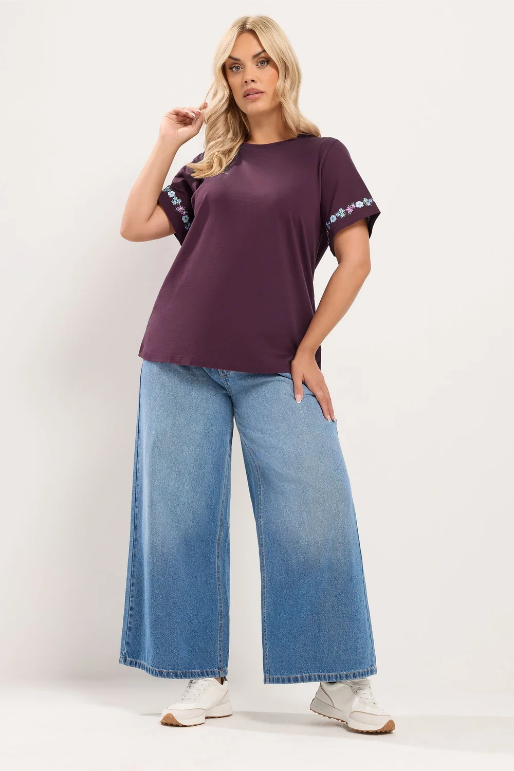 Yours Curve Purple Embroidered Floral Sleeve Detail T-Shirt - 12 Image 2