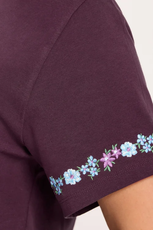 Yours Curve Purple Embroidered Floral Sleeve Detail T-Shirt - 12 Image 4