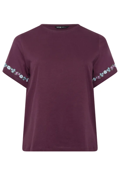 Yours Curve Purple Embroidered Floral Sleeve Detail T-Shirt - 12 Image 5