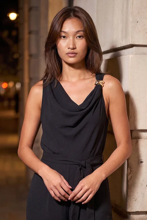 Roman Black Cowl Neck Hardware Trim Jumpsuit - 14 Image 3