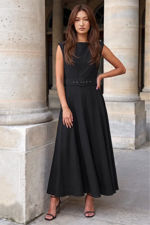 Roman Black Belted Fit and Flare Dress - 14 Image 2