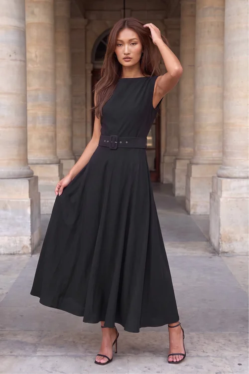 Roman Black Belted Fit and Flare Dress - 14 Image 1