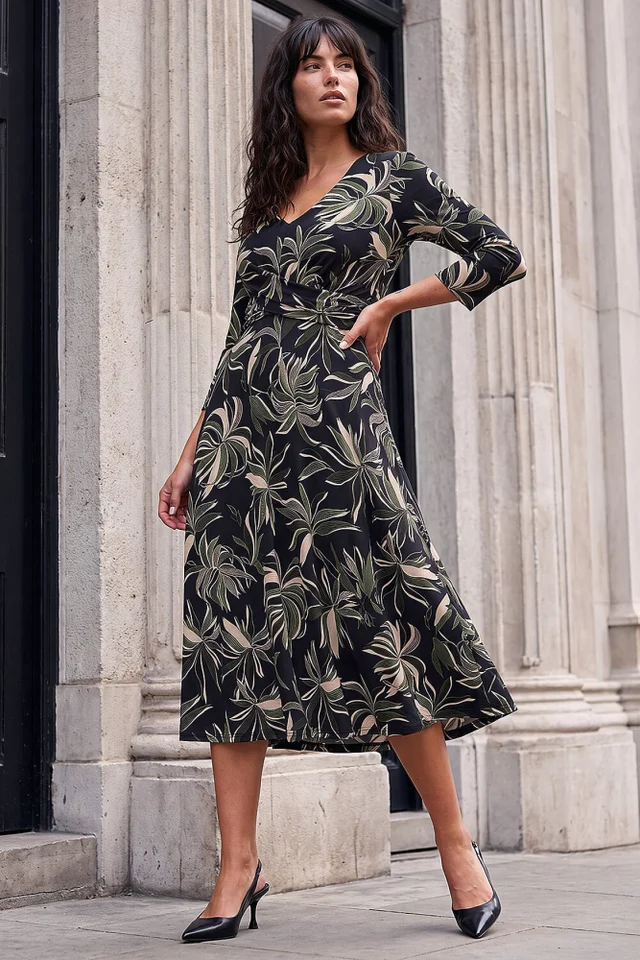 Roman Khaki Leaf Cross Detail Dress