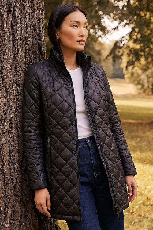 Roman Black Two Tone Diamond Quilted Coat - 20 Image 1