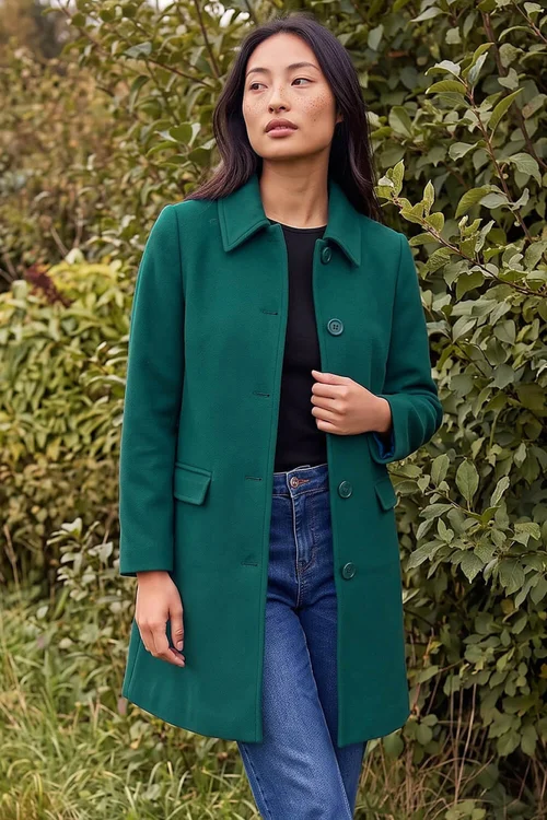 Roman Dark Green Petite Collared Button Front Coat - 16 Image 3