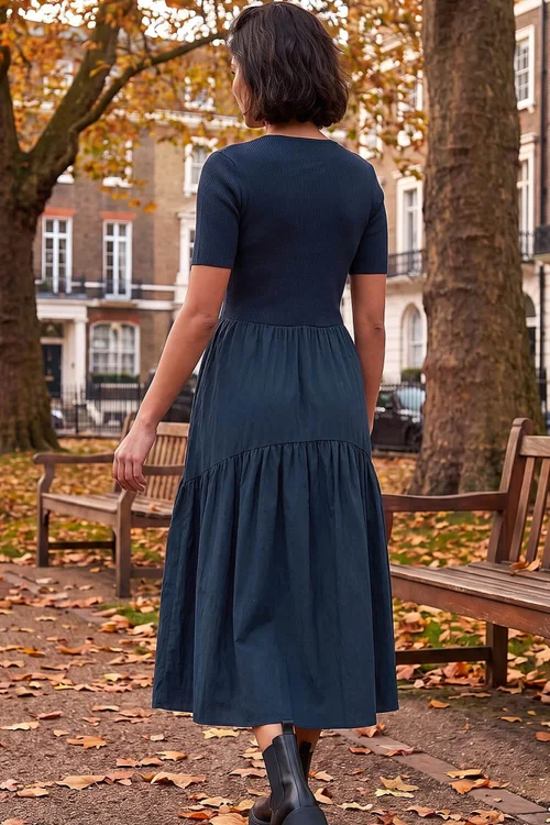 Roman Navy Knit Woven Mix Midi Dress - 14 Image 3