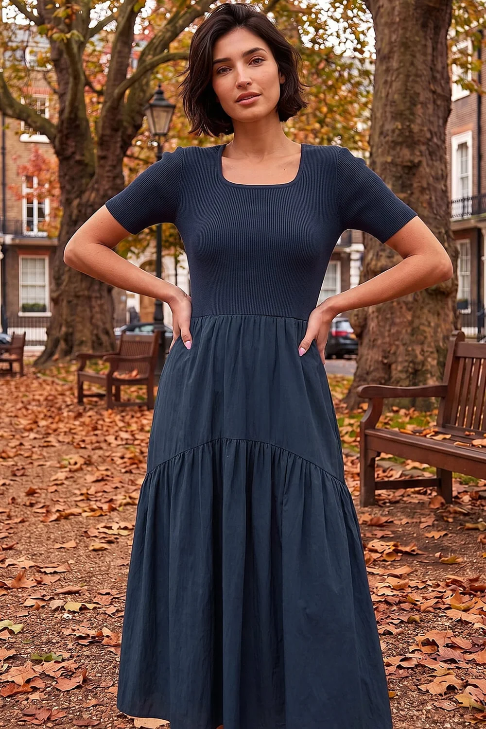 Roman Navy Knit Woven Mix Midi Dress - 14 Image 2