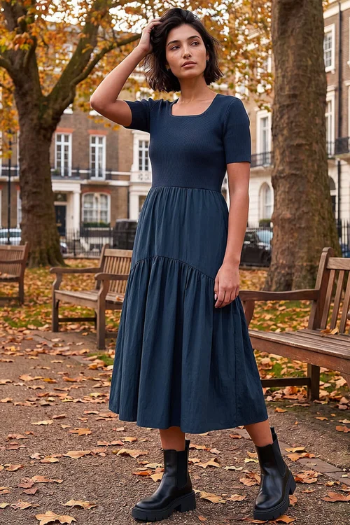 Roman Navy Knit Woven Mix Midi Dress - 14 Image 1