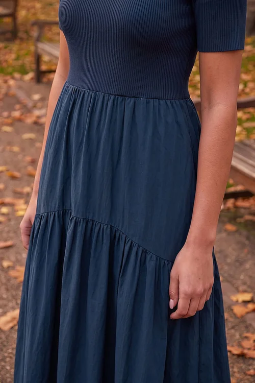 Roman Navy Knit Woven Mix Midi Dress - 14 Image 4