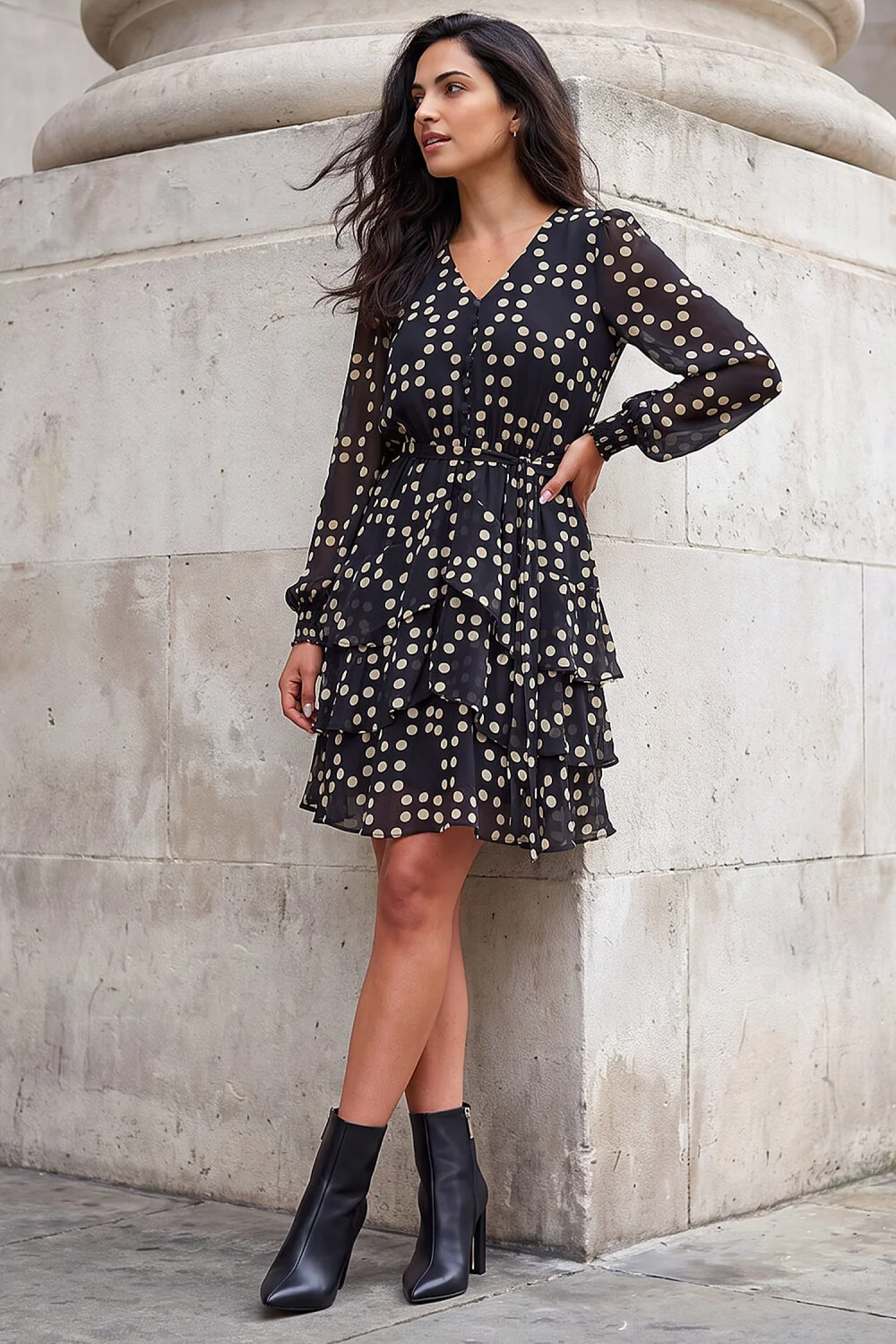 Dusk Black Spot Print Tie Waist Dress - 14 Image 2