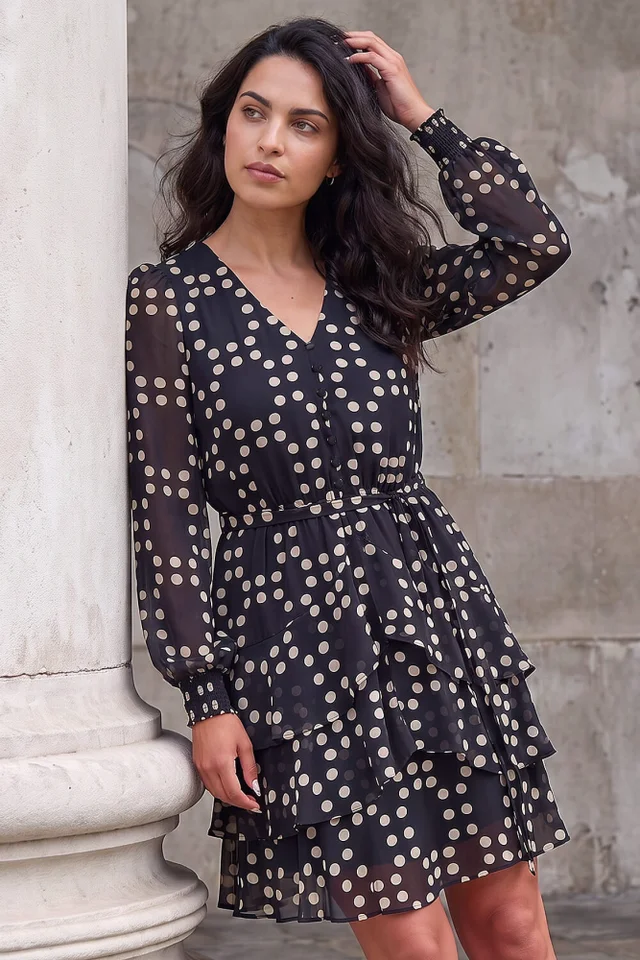 Dusk Black Spot Print Tie Waist Dress