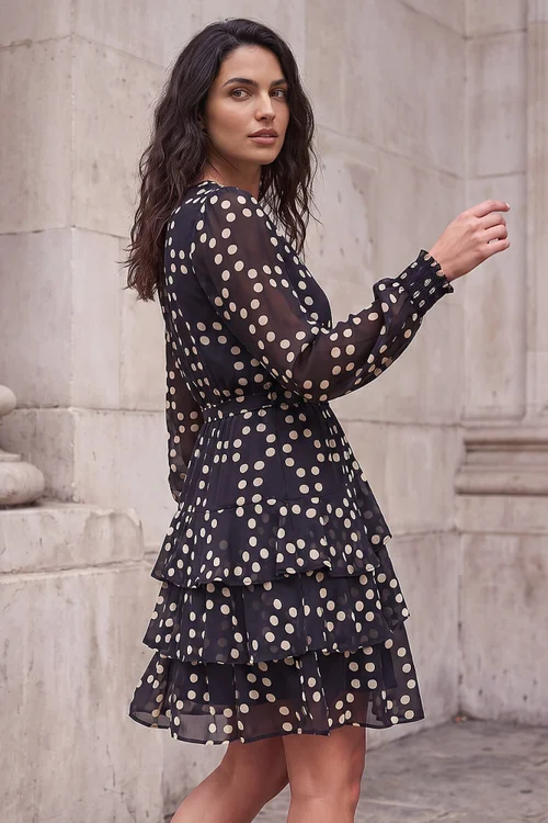 Dusk Black Spot Print Tie Waist Dress - 14 Image 3