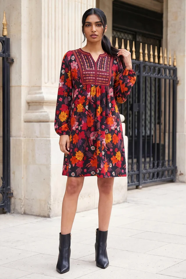 Roman Copper Embroidery Panel Floral Dress