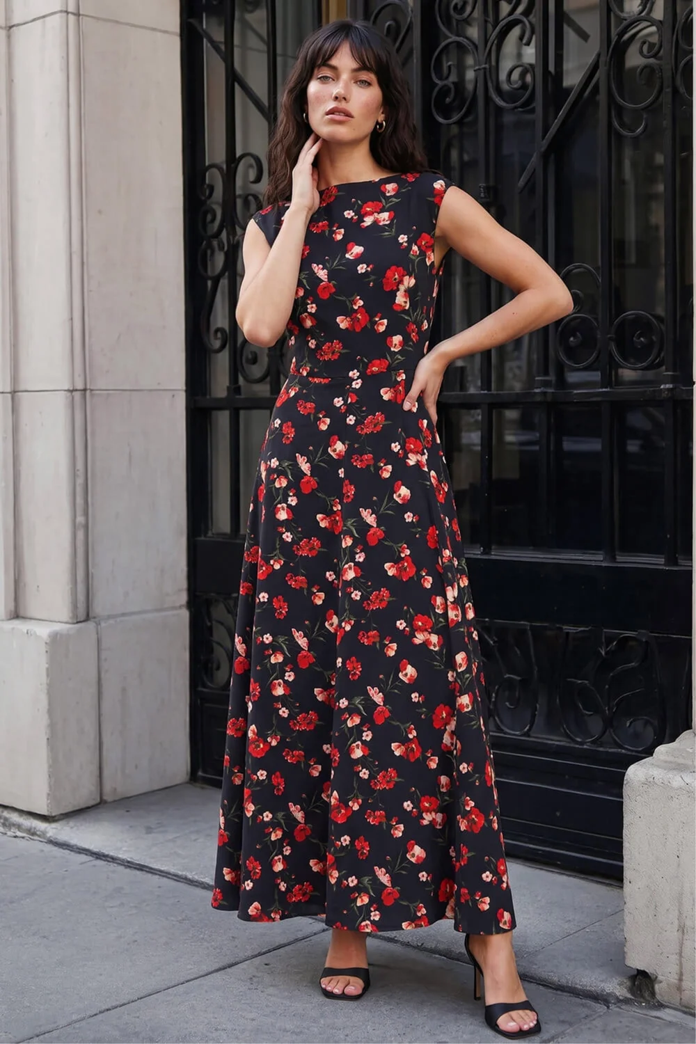 Roman Black High Neck Floral Poppy Print Dress - 18 Image 2