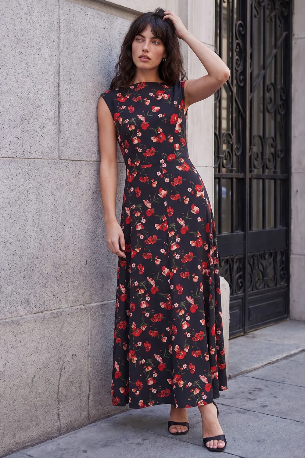 Roman Black High Neck Floral Poppy Print Dress - 18 Image 1