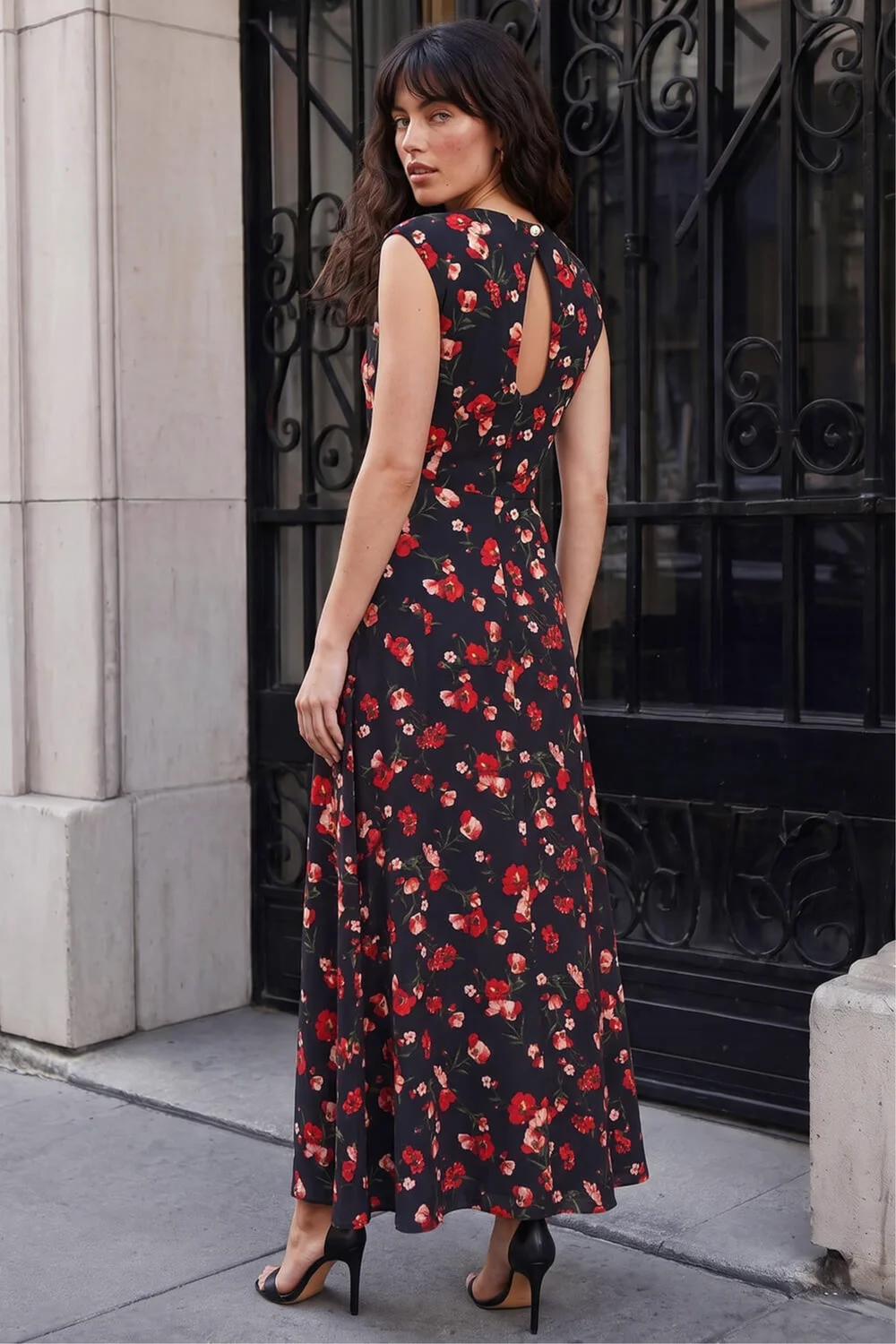 Roman Black High Neck Floral Poppy Print Dress - 18 Image 3