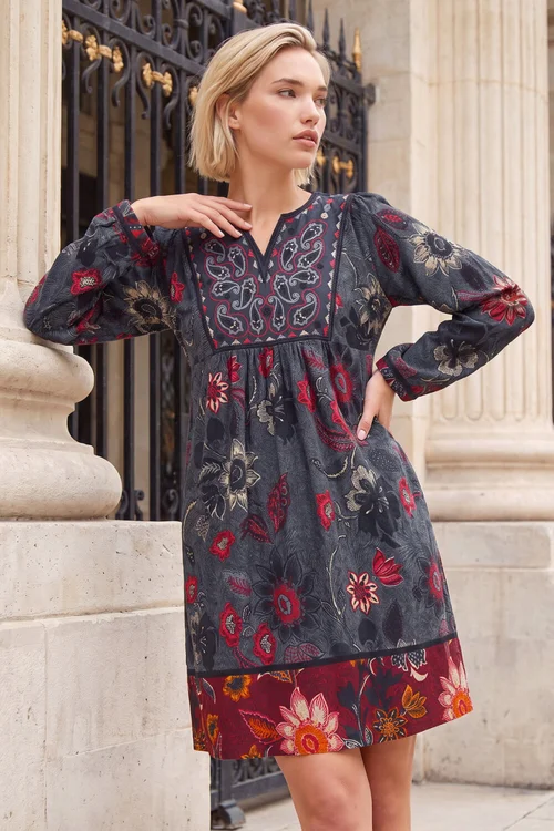 Roman Grey Embroidery Panel Floral Dress - 16 Image 1
