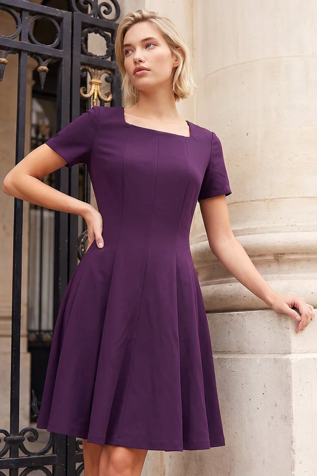 Roman Aubergine Square Neck Panel Dress