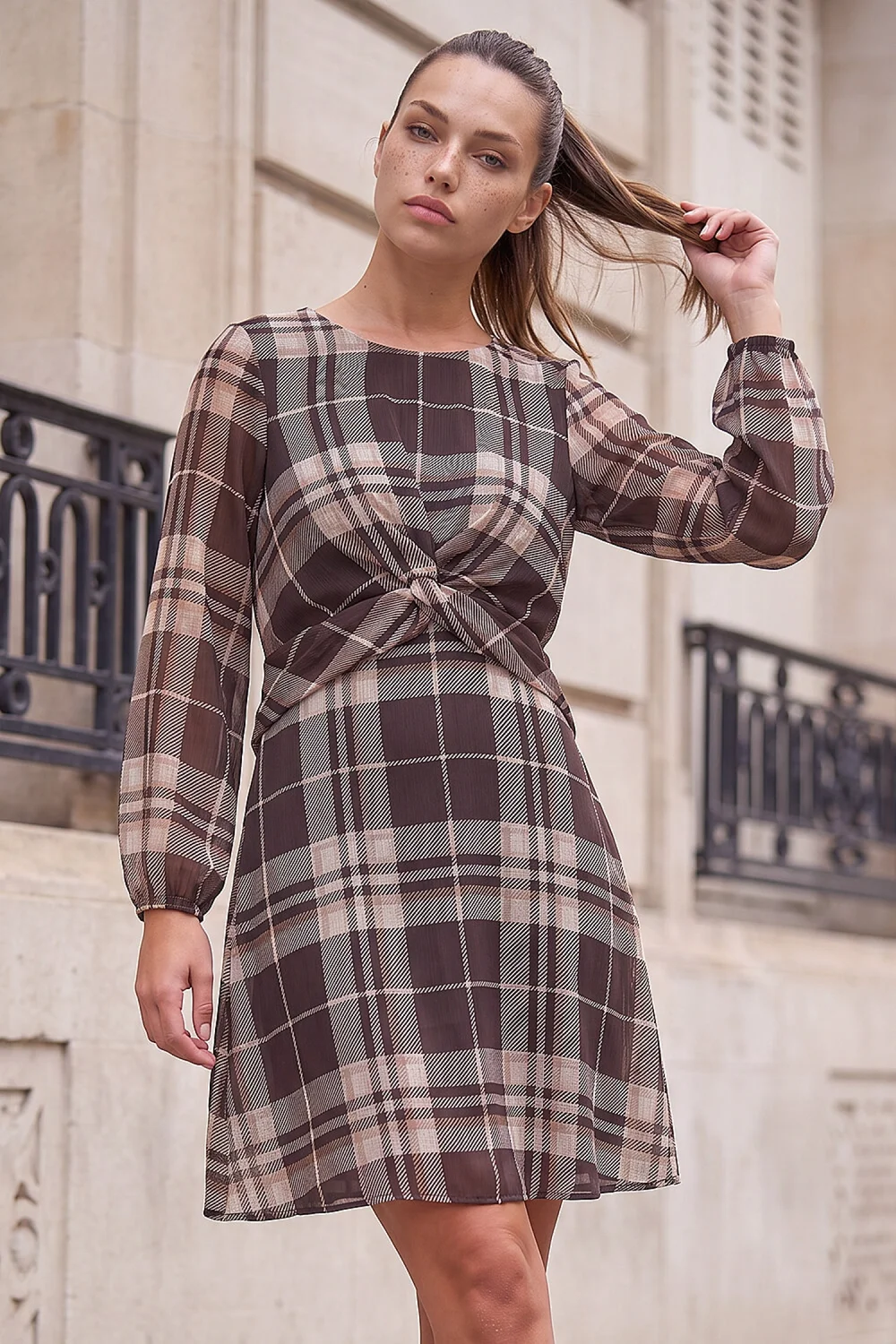 Roman Chocolate Petite Twist Front Check Dress - 10 Image 1
