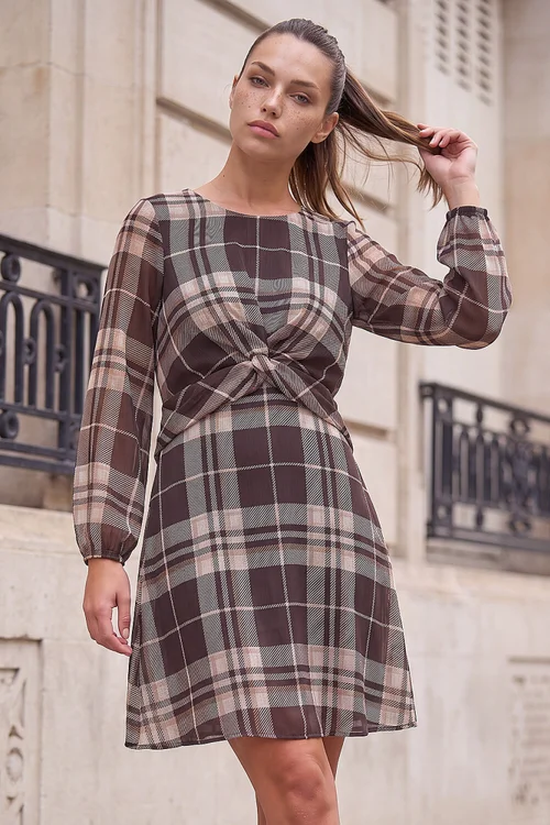 Roman Chocolate Petite Twist Front Check Dress - 10 Image 1