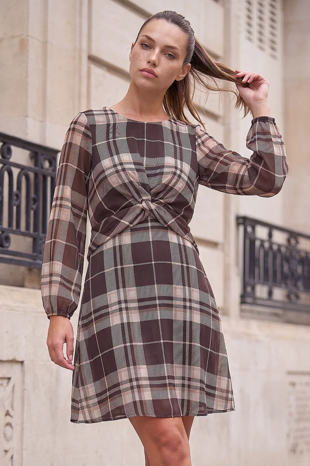 Roman Chocolate Petite Twist Front Check Dress