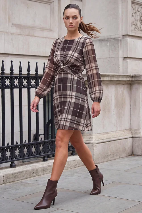 Roman Chocolate Petite Twist Front Check Dress - 10 Image 2