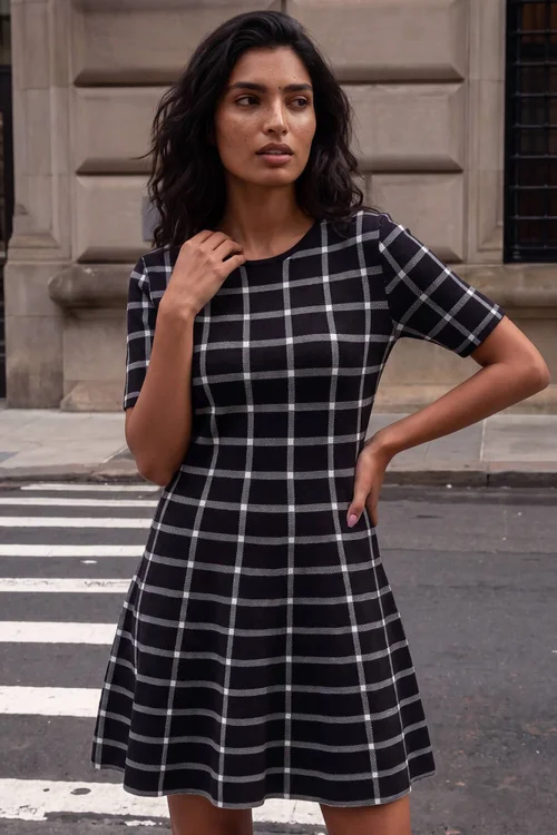 Roman Black Check Print Knitted Dress - 14 Image 1