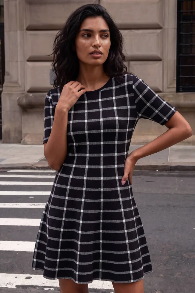 Roman Black Check Print Knitted Dress