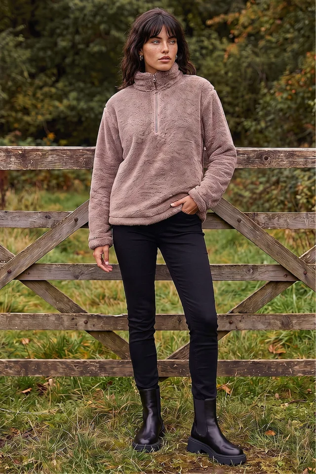 Roman Mocha Sherpa Zip Neck Fleece Jacket