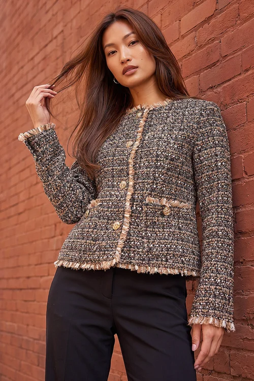 Roman Brown Boucle Frayed Edge Jacket - 12 Image 3