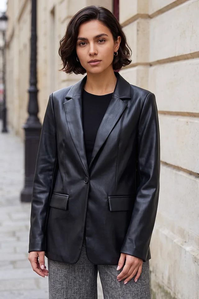 Roman Black Faux Leather Blazer