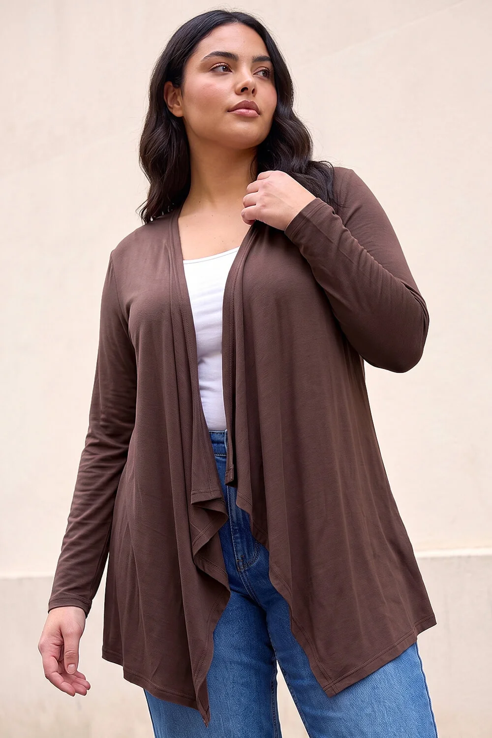 Roman Chocolate Curve Waterfall Front Jersey Cardigan - 26-28 Image 1