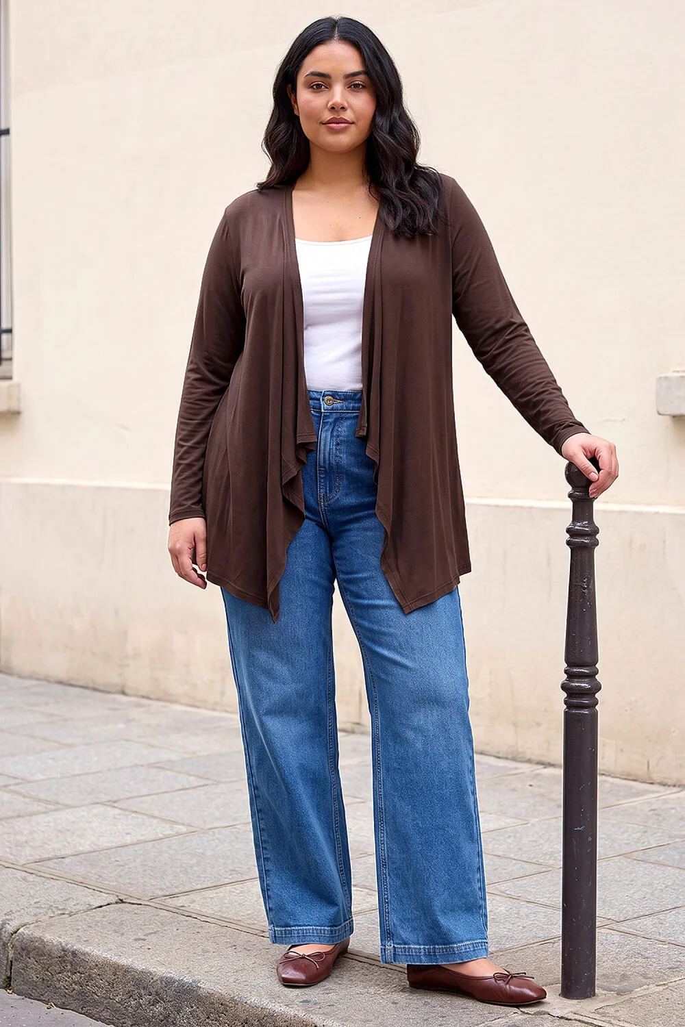 Roman Chocolate Curve Waterfall Front Jersey Cardigan - 26-28 Image 2