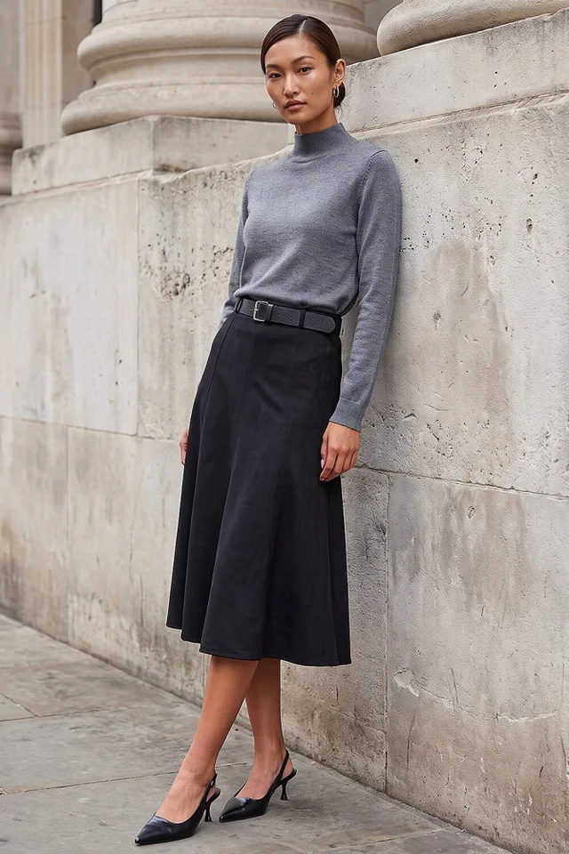Roman Black Belted Faux Suede Midi Skirt