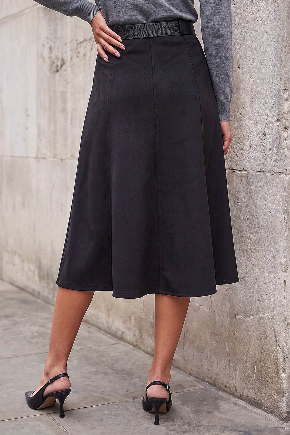 Roman Black Belted Faux Suede Midi Skirt - 14 Image 3