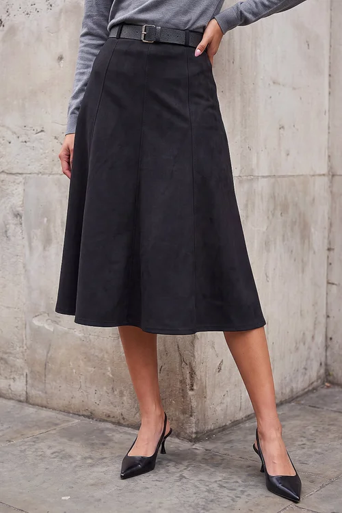 Roman Black Belted Faux Suede Midi Skirt - 14 Image 1