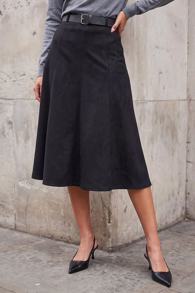 Roman Black Belted Faux Suede Midi Skirt