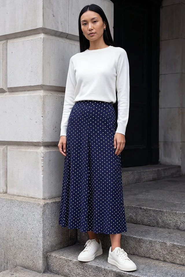 Roman Navy Polka Dot Midi Skirt