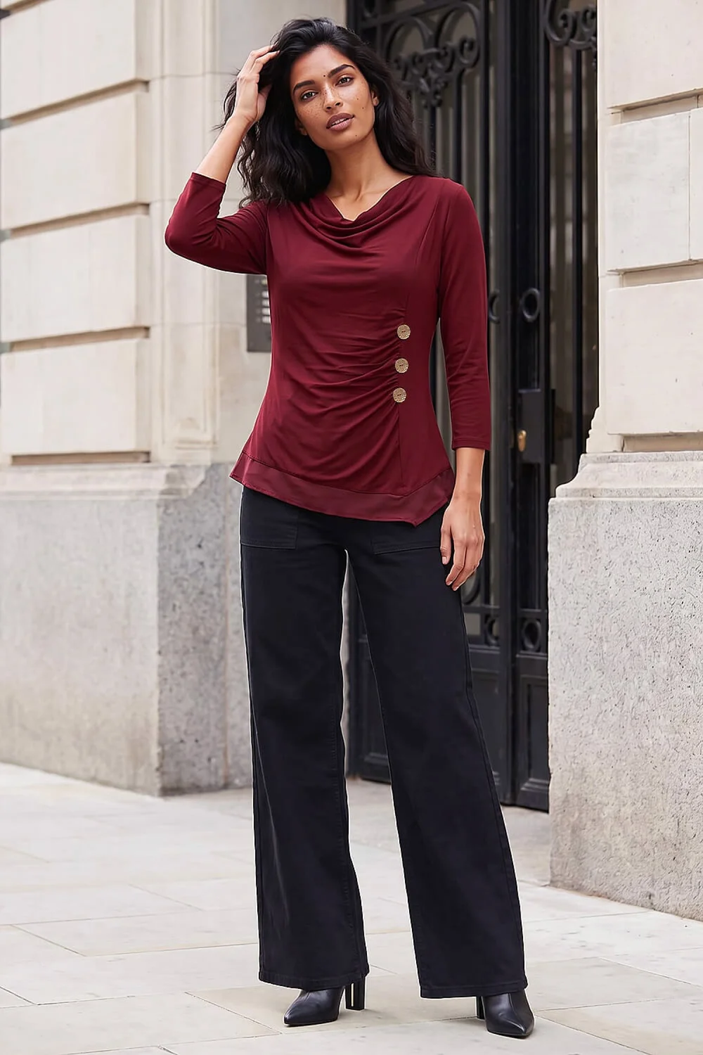 Roman Burgundy Button Detail Chiffon Hem Top - 18 Image 2