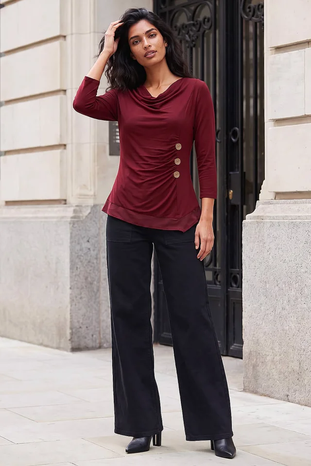 Roman Burgundy Button Detail Chiffon Hem Top