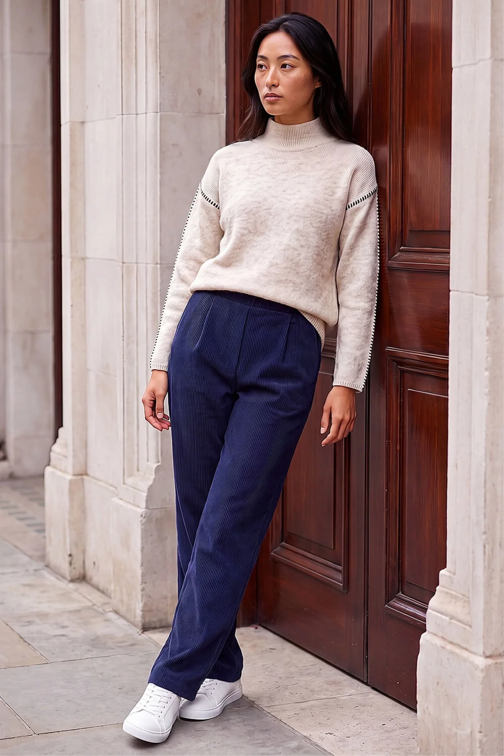 Roman Navy Petite Tuck Front Corduroy Trouser - 8 Image 2