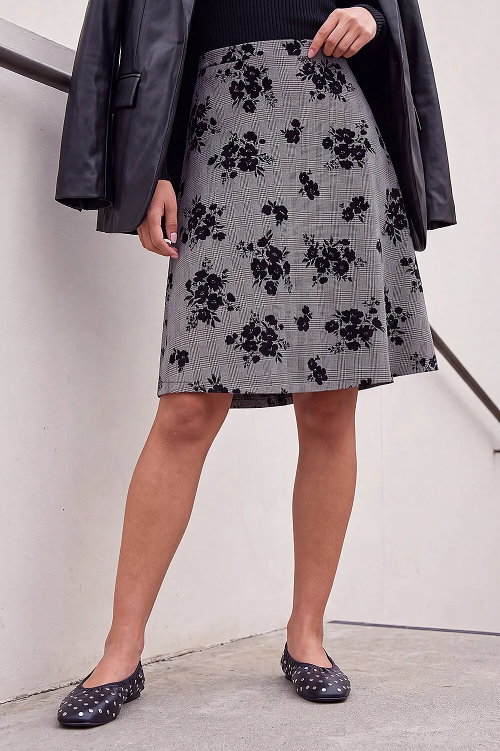 Roman Black Check Floral Skater Skirt - 16 Image 1