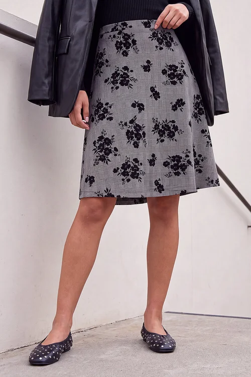 Roman Black Check Floral Skater Skirt - 16 Image 1