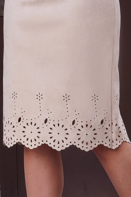 Roman Cream Faux Suede Laser Cut Pencil Skirt - 16 Image 4
