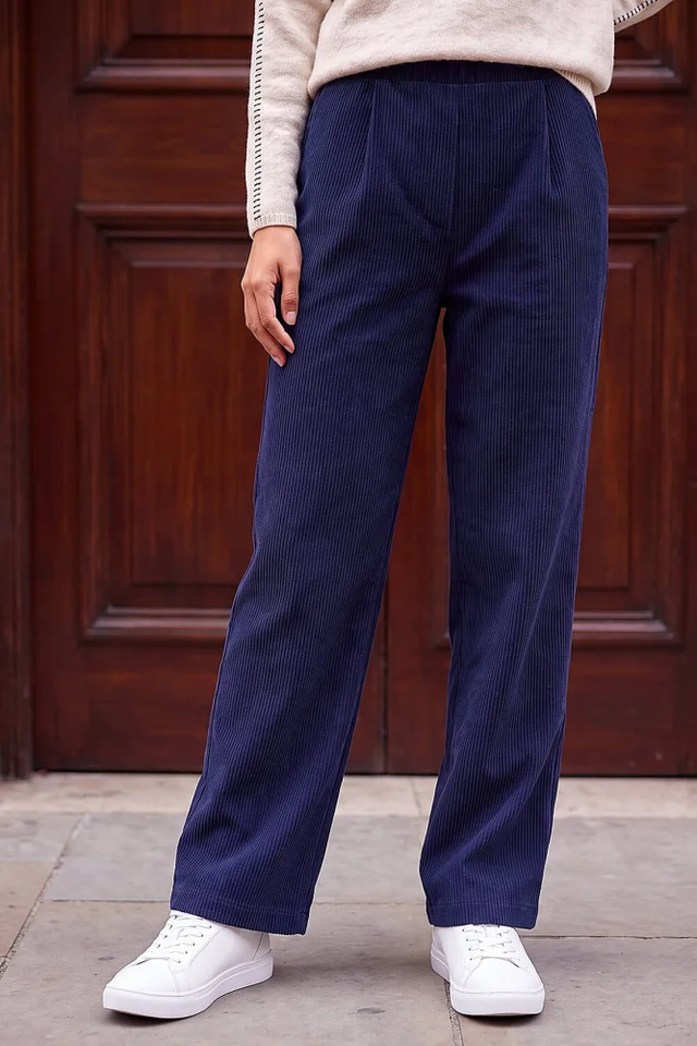 Roman Navy Petite Tuck Front Corduroy Trouser