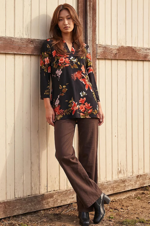 Roman Red Floral Print Pocket Front Tunic Top
