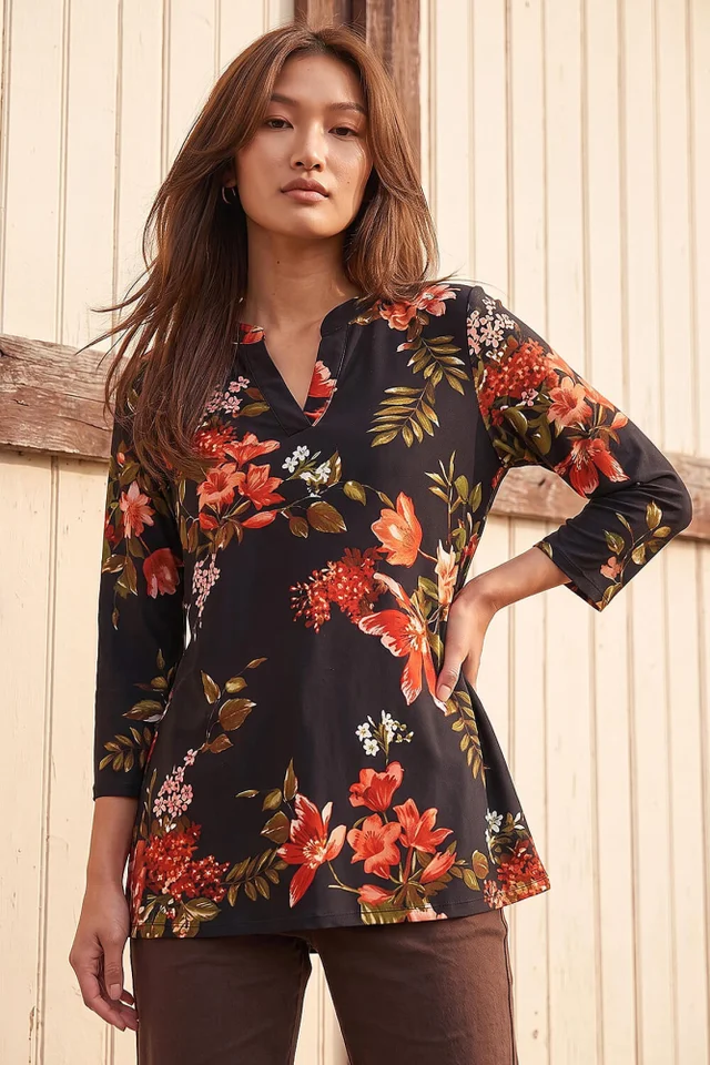 Roman Red Floral Print Pocket Front Tunic Top