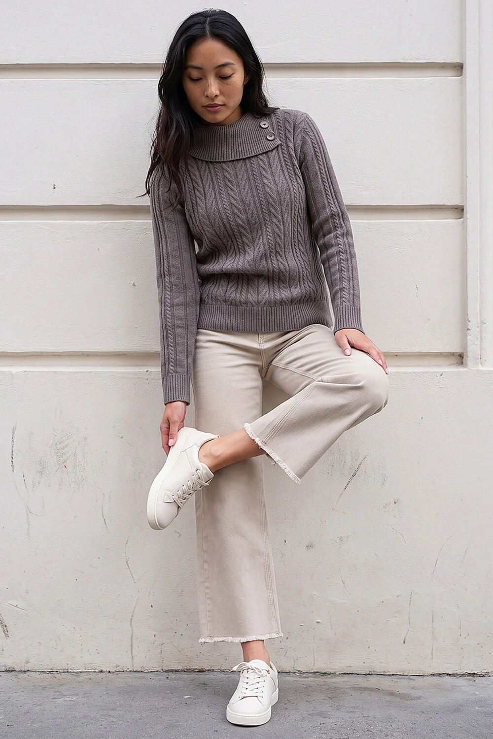 Roman Taupe Petite Buttoned Cable Knit Jumper - 12 Image 2