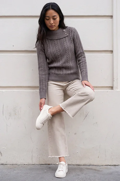 Roman Taupe Petite Buttoned Cable Knit Jumper - 12 Image 2