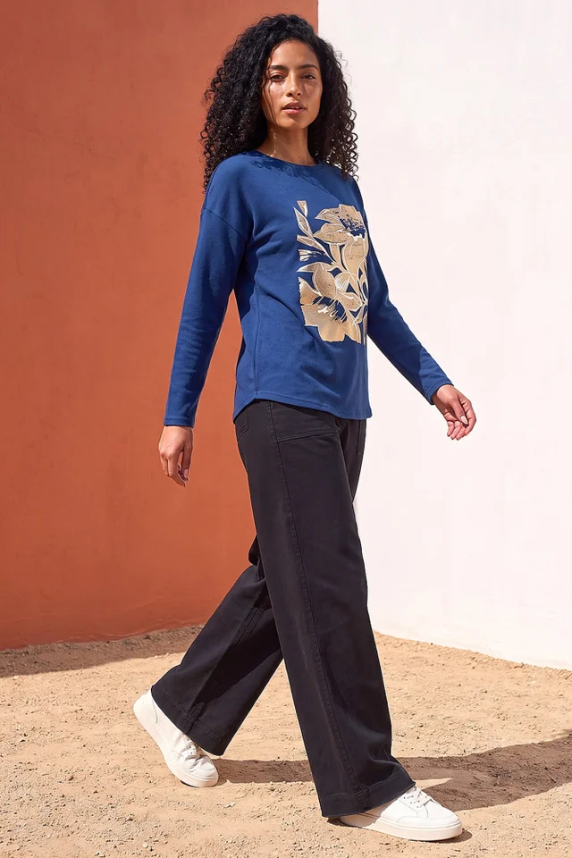 Roman Midnight Blue Floral Foil Print Snit Top